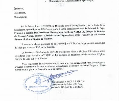 Mgr Ayikuli Sosthène nommé Administrateur Apostolique de Wamba : Un Nouveau Chapitre s’ouvre pour ce diocèse de Haut Uele en RDC.