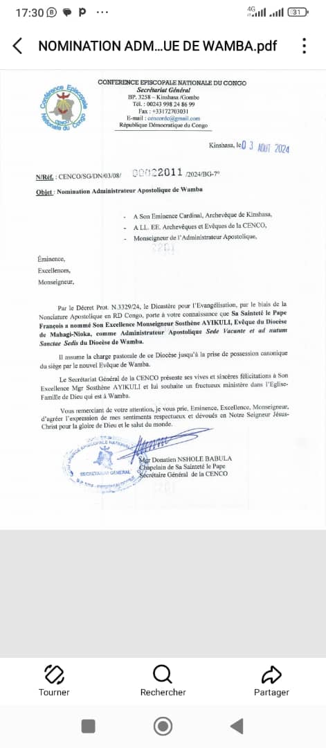 Mgr Ayikuli Sosthène nommé Administrateur Apostolique de Wamba : Un Nouveau Chapitre s’ouvre pour ce diocèse de Haut Uele en RDC.